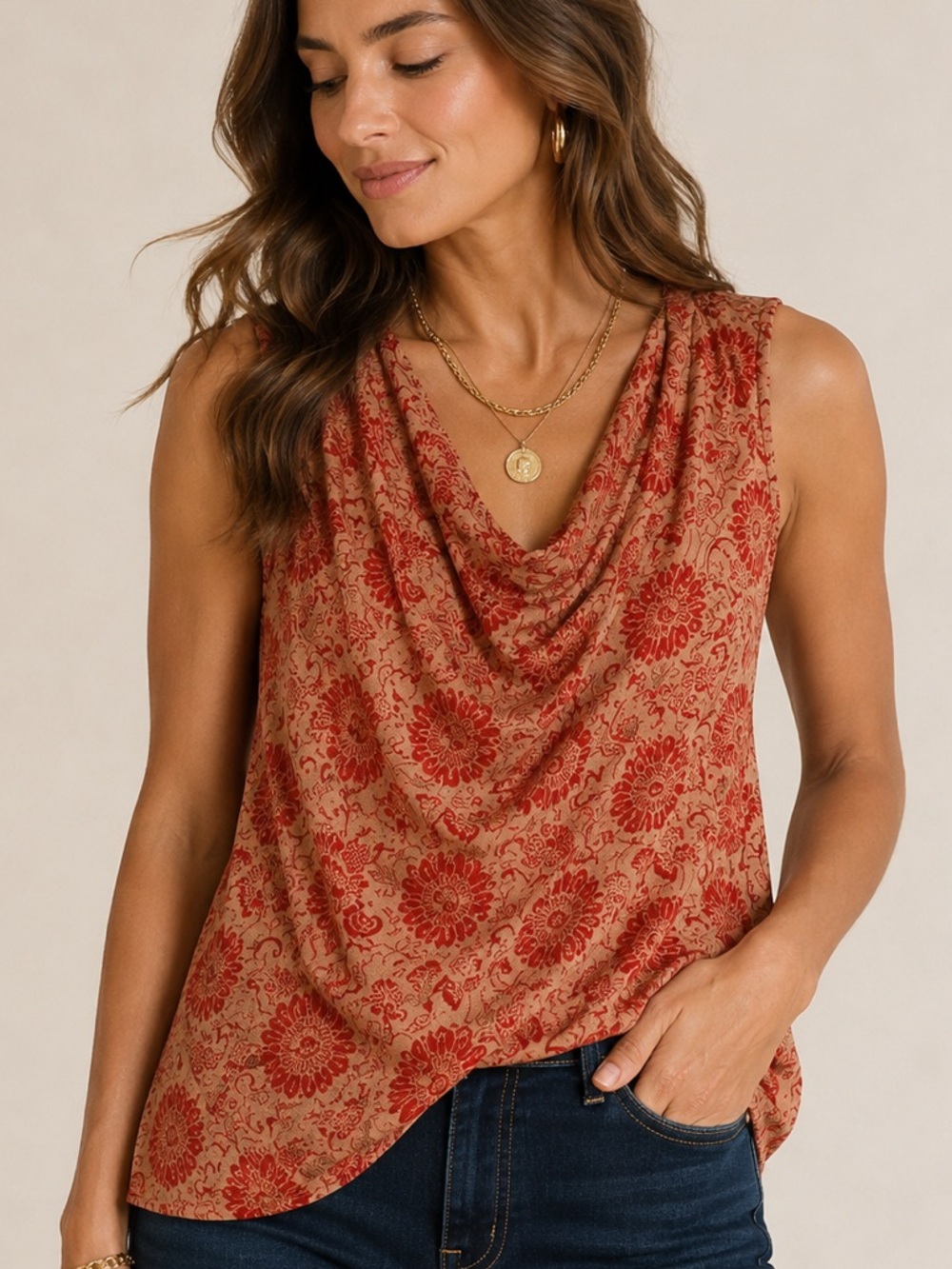 CAbi Pink Floral Blouse Sleeveless Cowl Neck Lightweight Chiffon M